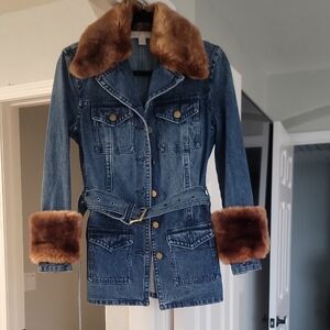 Michael Kors Faux Fur Denim Belted Jacket, Size 4
